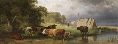 Riposo della mandria di mucche sulla riva del lago da Friedrich Johann Voltz